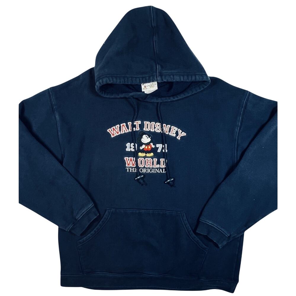 Vintage Walt Disney World Hoodie Mickey Mouse 1971 Navy Blue Sweatshirt Large